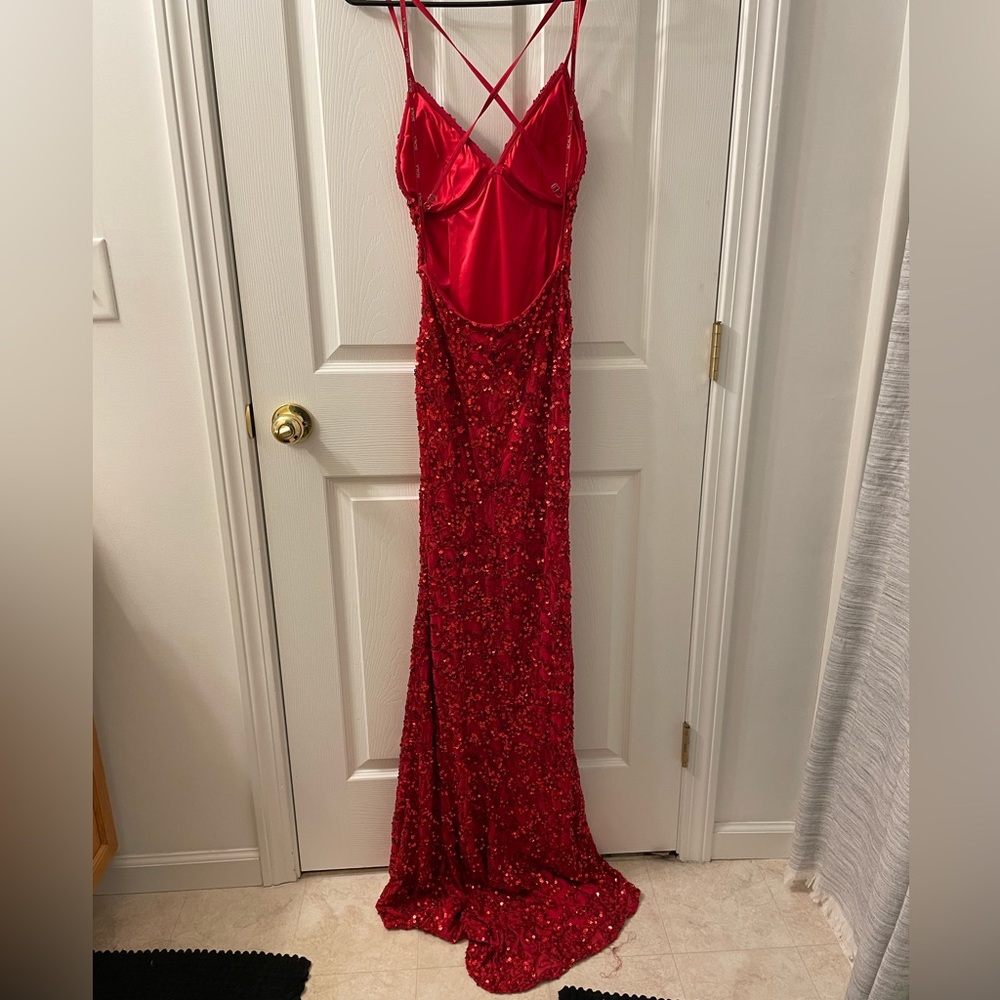 Scala Red Sequence Dress, Open Back, Small Train - image 2